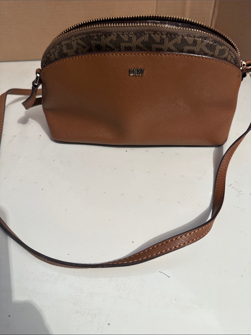 DKNY Tan/Brown Crossbody Camera Bag with Signature Print